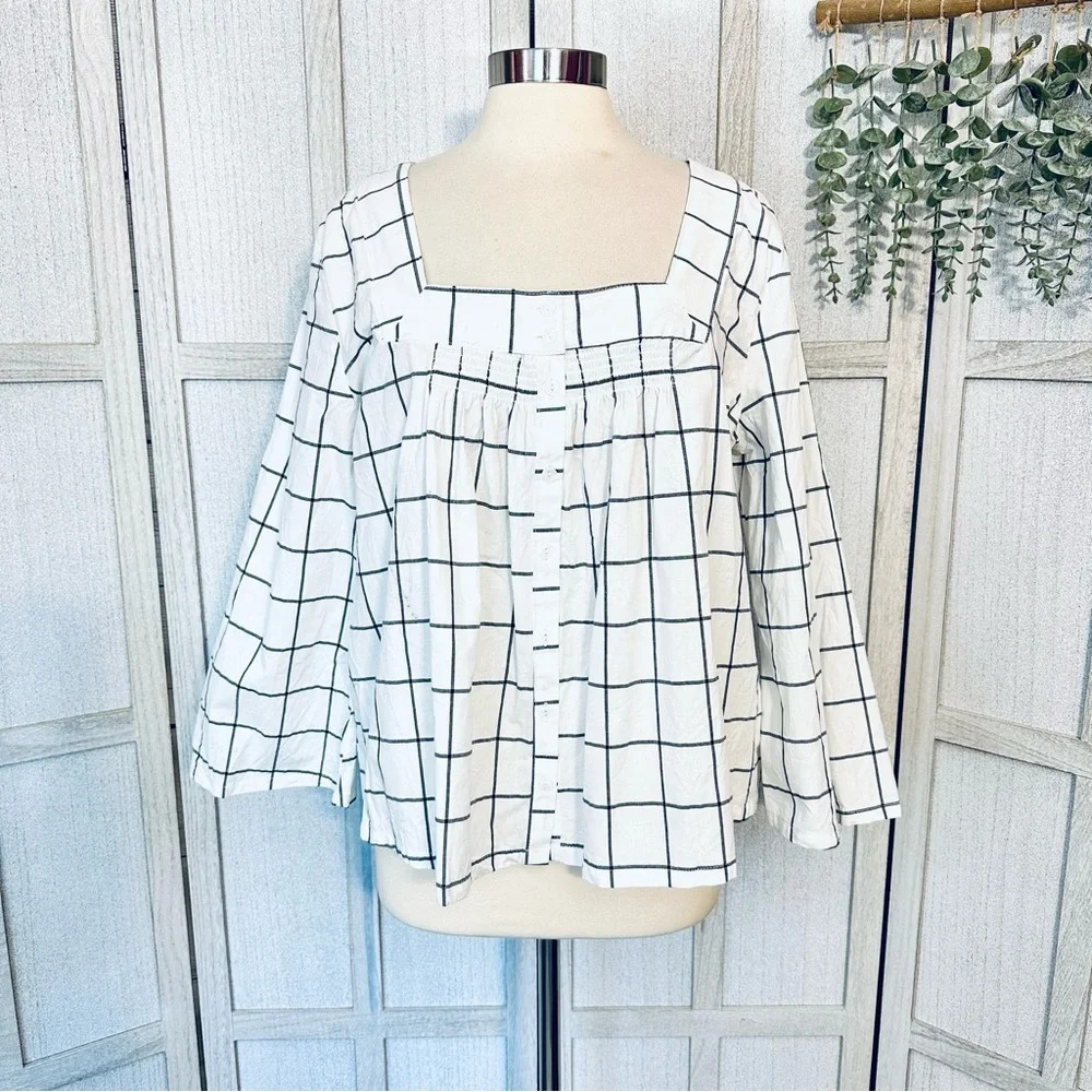 3/$22🩶 Roebuck & Co. Grid Pattern Blouse White Black Square Neckline Size XL